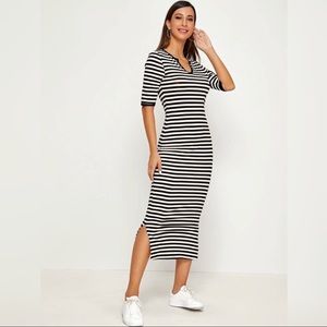 Notch Collar Split Hem Striped Dress